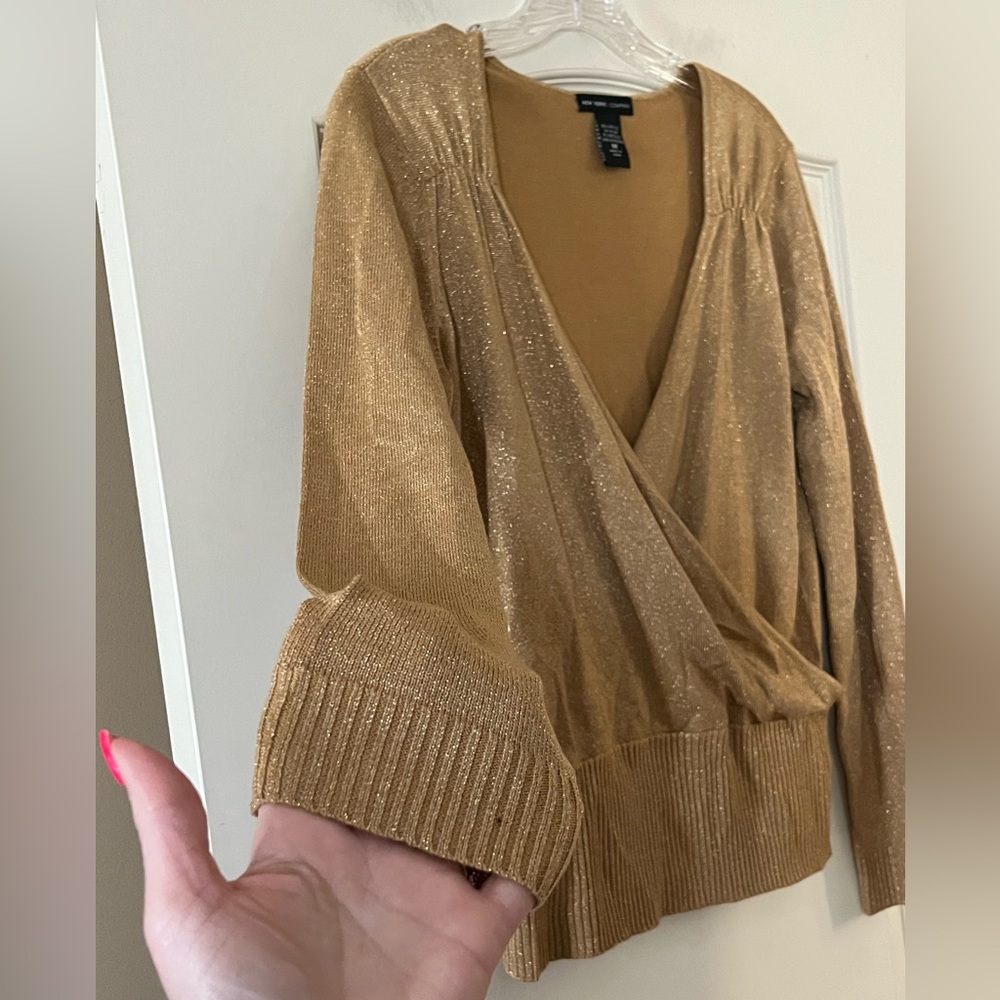 New York & Company Gold Metallic Wrap Blouse Sweater Women’s size medium - Picture 9 of 16
